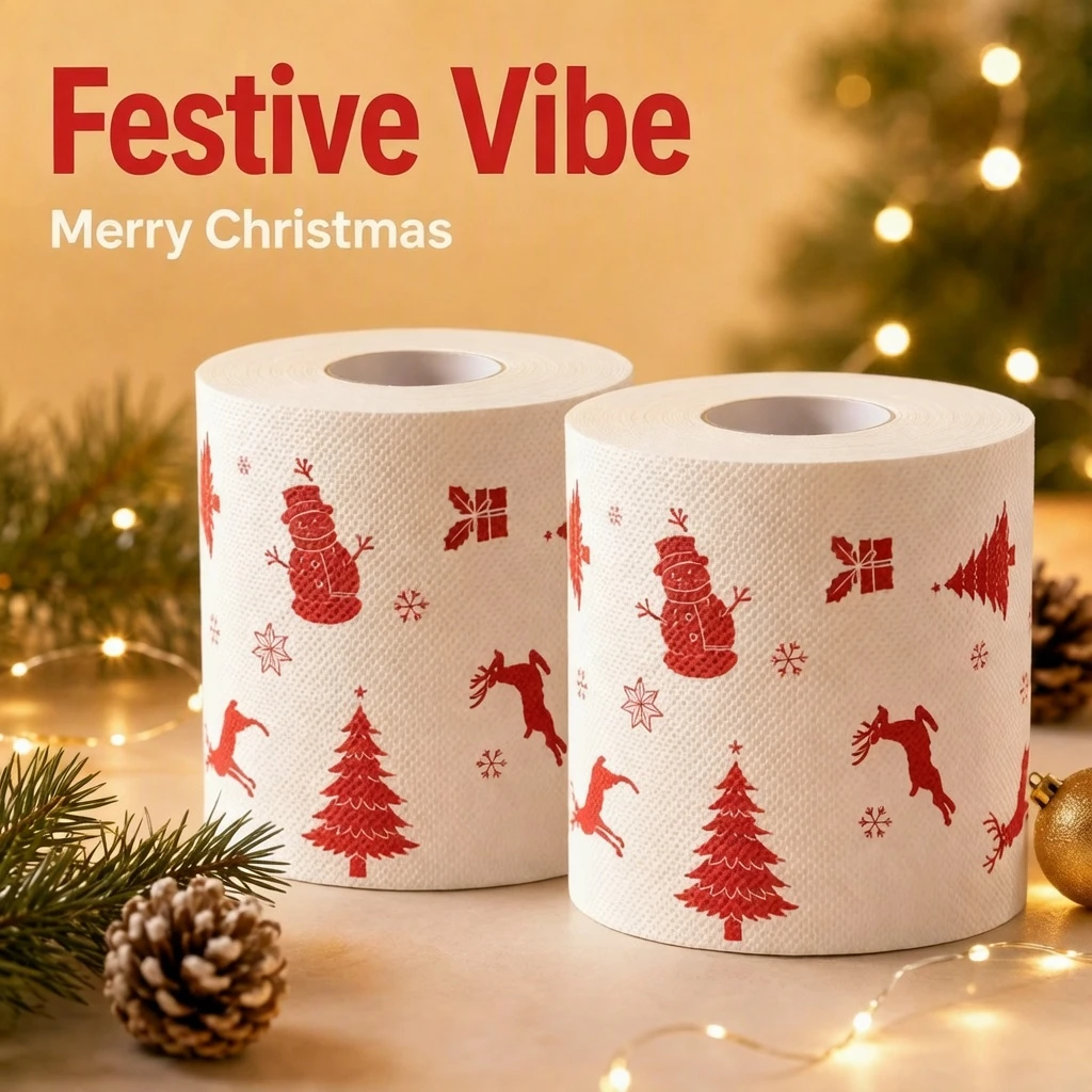 Printed Christmas Toilet Paper, Snowman Reindeer Christmas Tree Pattern, Festive Bathroom Decor Cute Holiday Tissue for Home Off