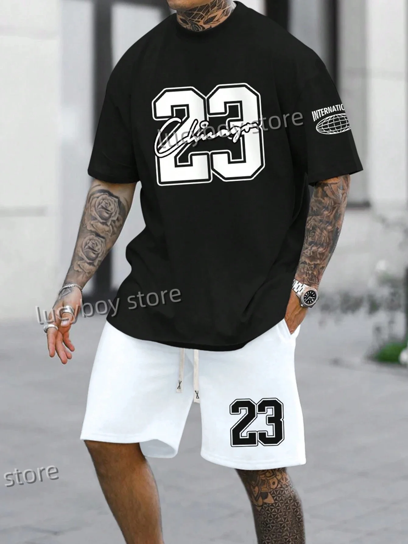 23 Chicago Letter Printed Sport T-shirt+shorts Suit Set Men Male Casual Tracksuit Outfit Summer Oversized 2 Piece Set Clothes