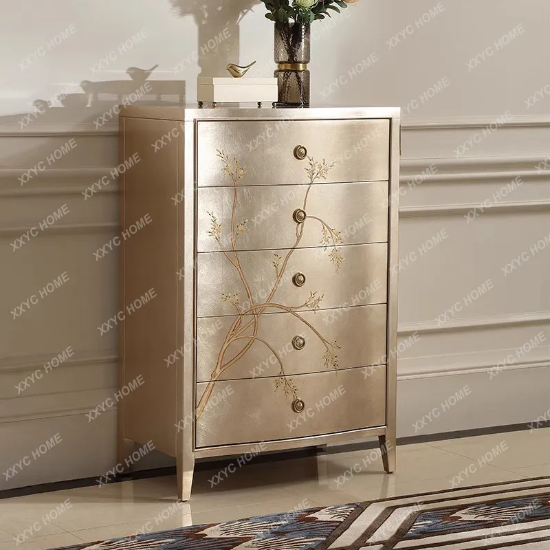 

Chinese style painted chest of drawers silver foil decorative cabinet solid wood hand painted bedroom high-end drawer locker