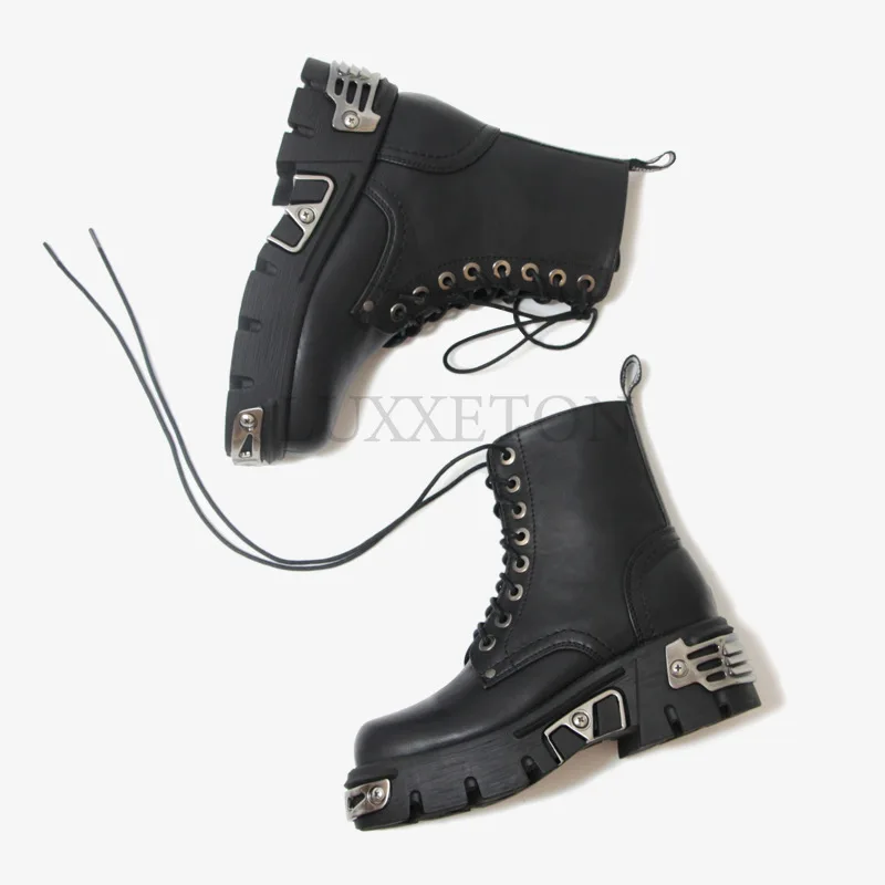 Punk Style Platform Women Ankle Boots Women\'s Motorcycle Boot Fashion Ladies Chunky Shoes Metal Decor Black BIG Size
