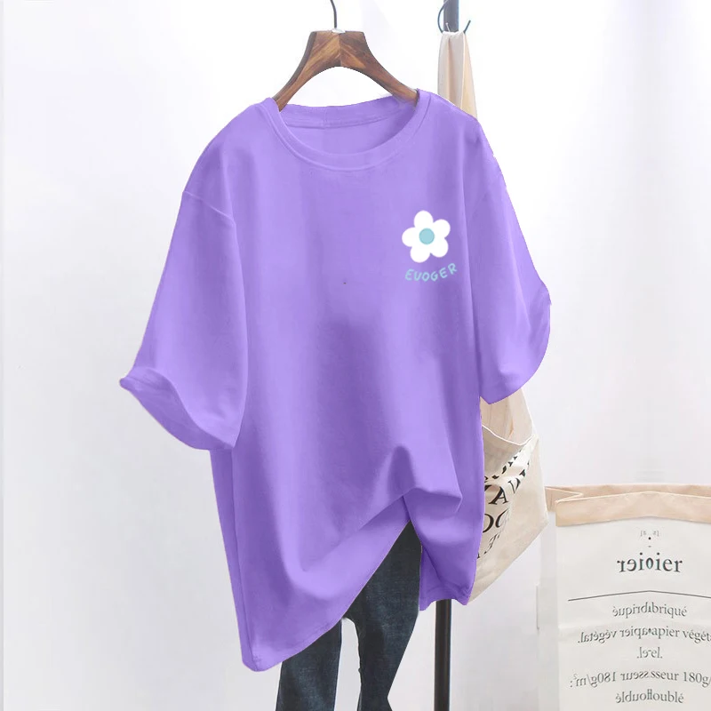 Purple Oversized T-shirt Women's 2024 New Flower Print Short Sleeve Tops Korean Casual Loose Summer Half Sleeved T-shirt