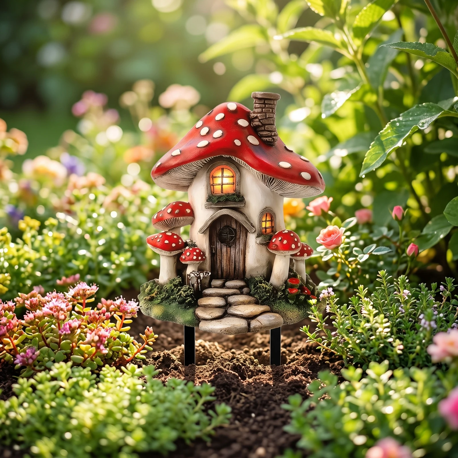 Fungus House Stake Flat Fairy House Decoration with Stake Fungus Cottage Easy to Install Garden Ornament Fade Resistant
