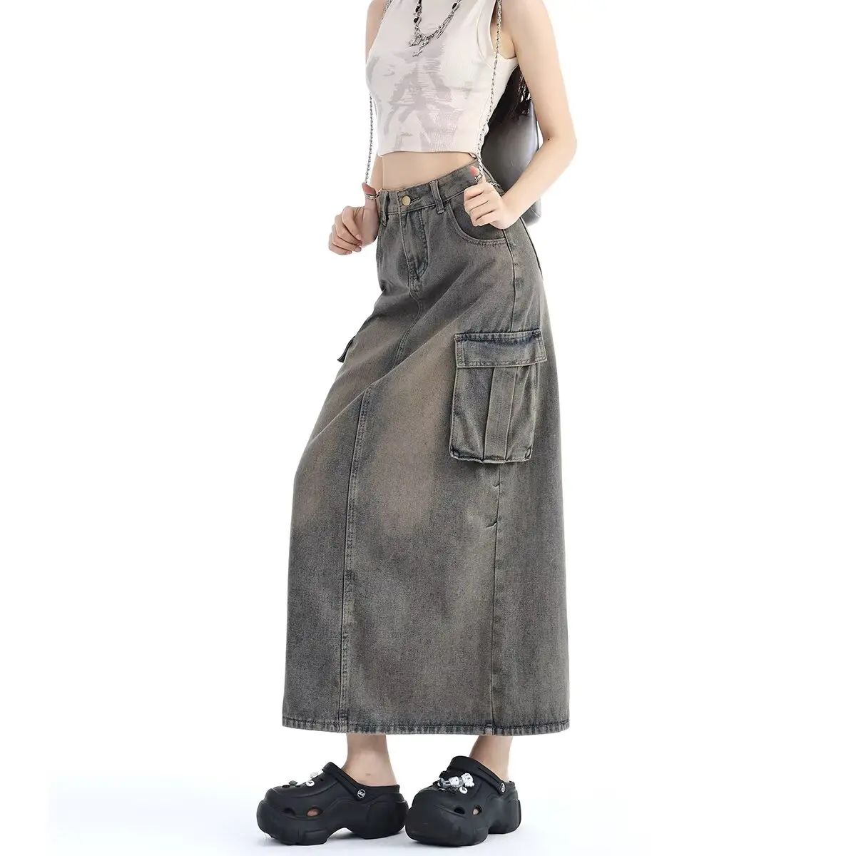 

Women New High Waist Harajuku Denim A Line Skirt Girls Korean 90s Casual Slit Long Dress Female Blue Y2k Cargo Skirts Large Size