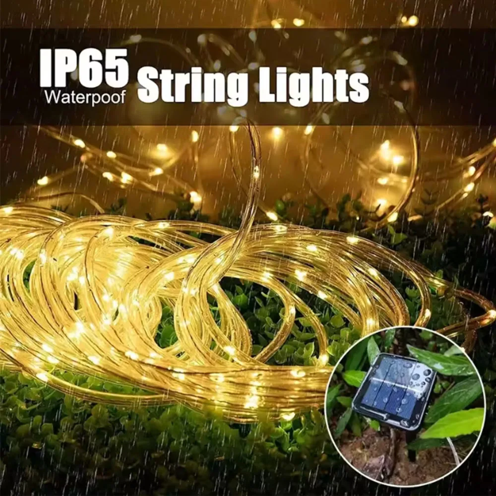 Solar LED Outdoor Tube Rope String Lights Waterproof 8 Lighting Modes for Patio Tree Fence Lawn Holiday Home Party Decoration