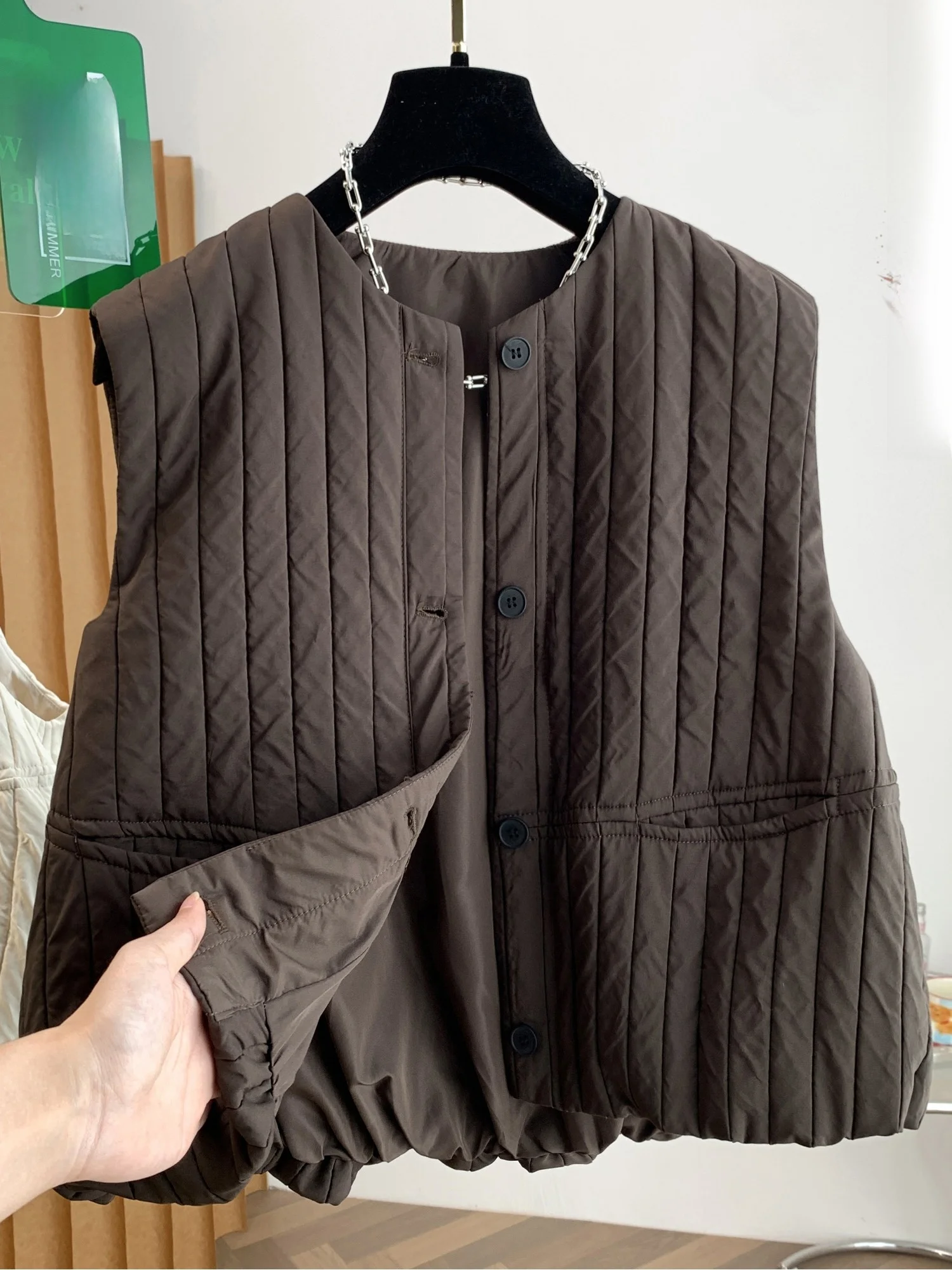 Lightweight Warm Fashionable Vertical Stripe Cotton Vest Women's Winter Open Cardigan Shoulder Top Small Size Sleeveless Cott...