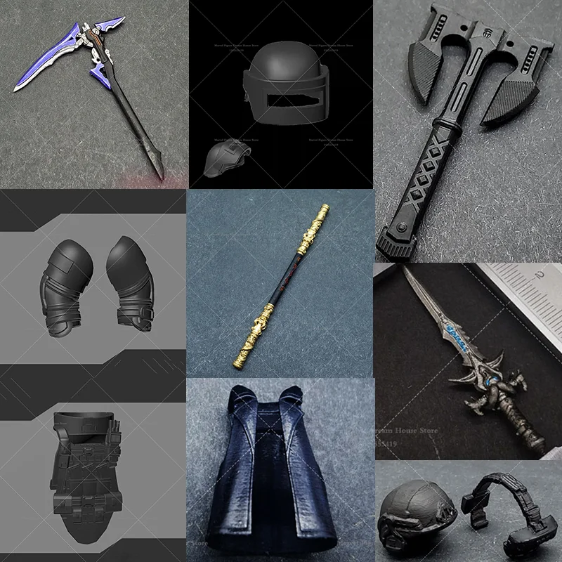 

Масштабная модель 1:50: Тактический шлем, топор, защита для рук, волшебный золотой жезл, броня, черное покрытие, 3D-печать, микро-игрушки, модель ArmyArms