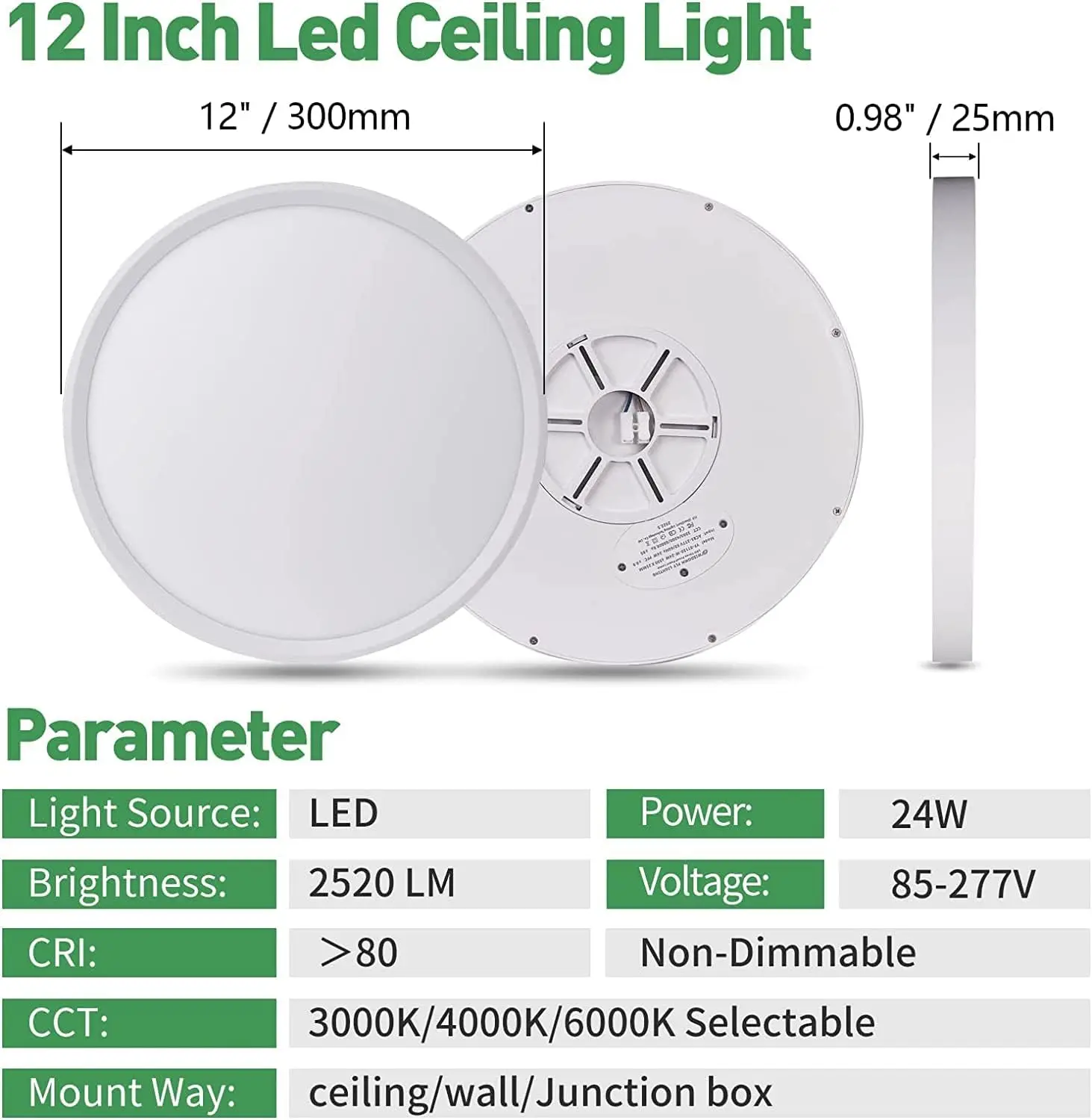 ไฟติดเพดานไฟฟลัชเมาต์ LED 12นิ้ว6Pk 24W 2520Lm 3000K/4000K/6000K CCT แบบเลือกได้แผงไฟกลมแบนโปรไฟล์ต่ำ