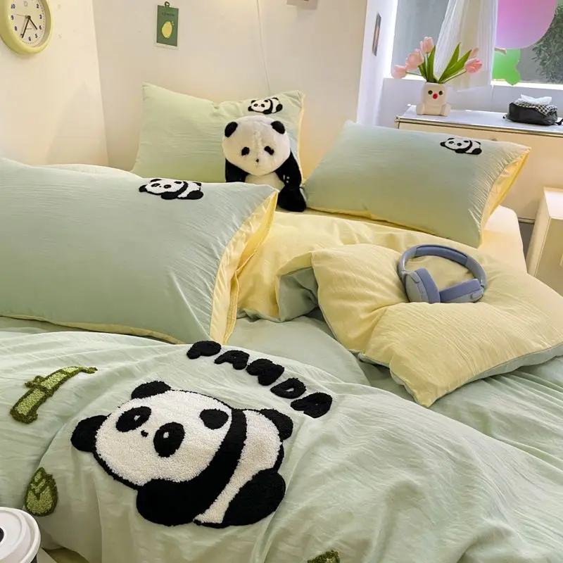 

Cartoon panda Embroidered Bedding Set, Washed Cotton Twin Size Ins Style Cute Dorm Bedding for Teen Girls (3/4 Pcs)