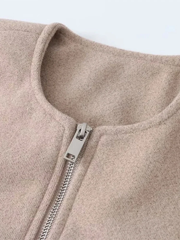 Chaqueta Bomber de manga larga con cremallera y cuello redondo para mujer, abrigo informal holgado corto con bolsillos sólidos, ropa de abrigo elegante para mujer, novedad de 2024