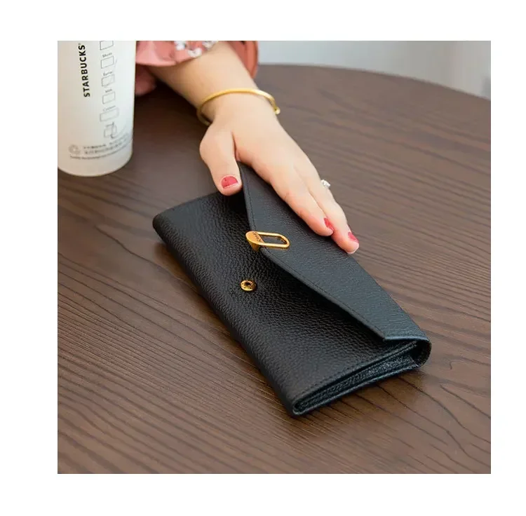 Women Long Genuine Cow Leather Wallets Thin Soft Real Leather Cellphone Card Holder Solid Money Clip Purse 8Z