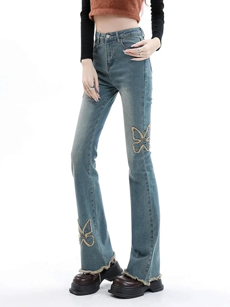 

Retro Slim Casual Woman Jeans Fashion Street Straight Leg Pants Female Chicly Y2k American Embroidered High Waist Women Jeans