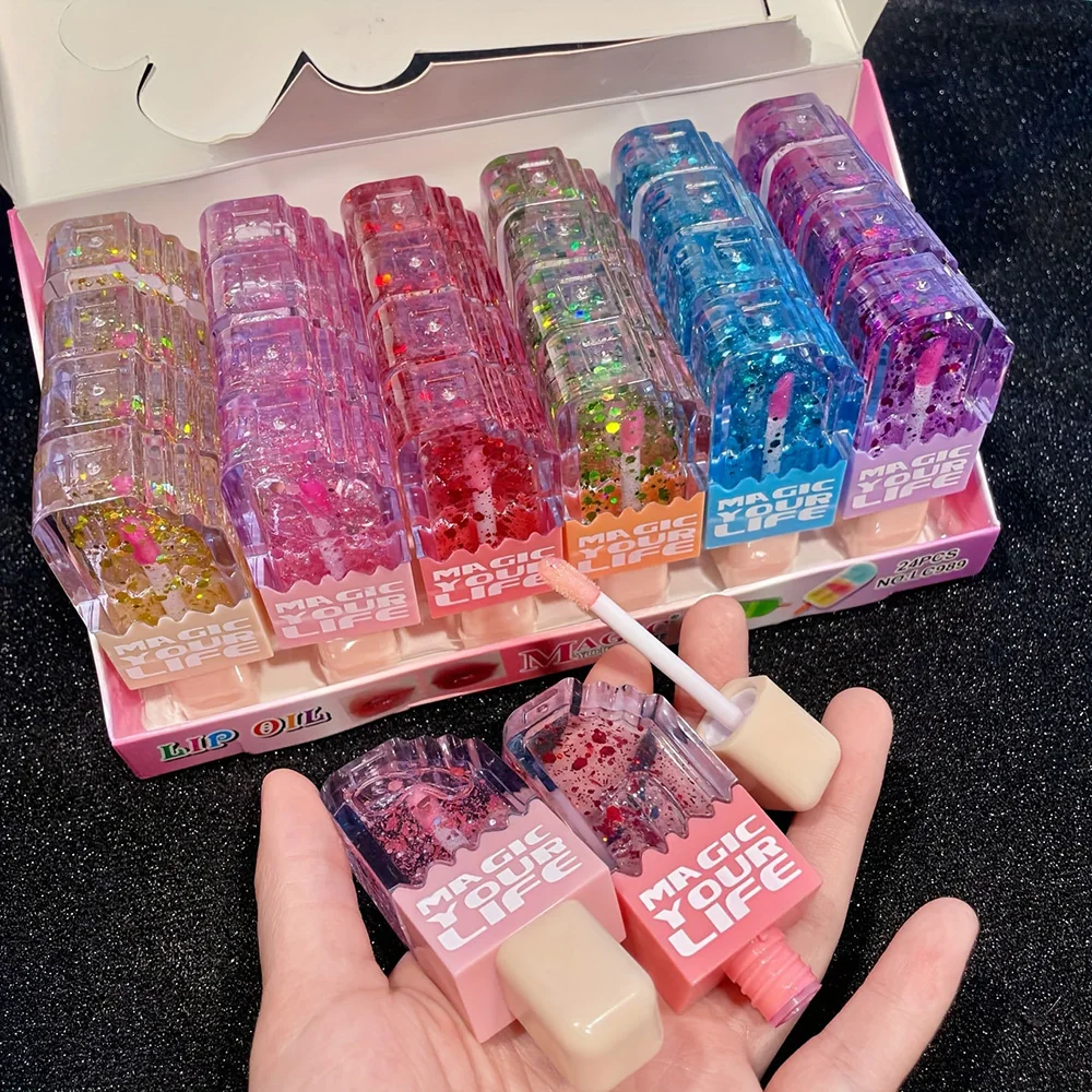 24 stücke Nette Katze Pailletten Lip Öl Liebe Form Farbwechsel Lip Gloss Mädchen Kawaii Natürliche Feuchtigkeitsspendende Lippen Make-Up Party geschenke