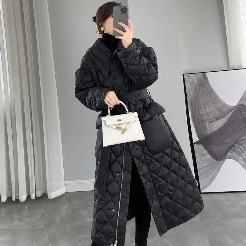 Women' Winter Lace-up Diamond Plaid Black Down Jacket Women's Mid-length Over The Knee Shiny White Duck Down Jacket Is Exquisite