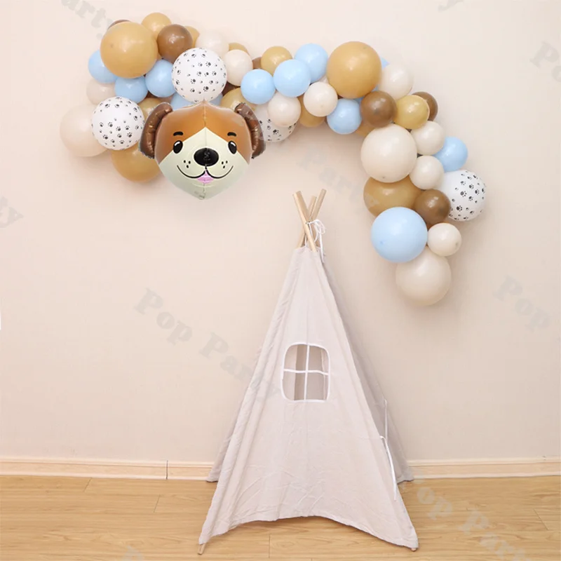 

80pcs Dog Head Balloon Chain Camping Theme Party Decoration Macaron Blue and Matte Brown Balloon Arch Set Kids Birthday Party