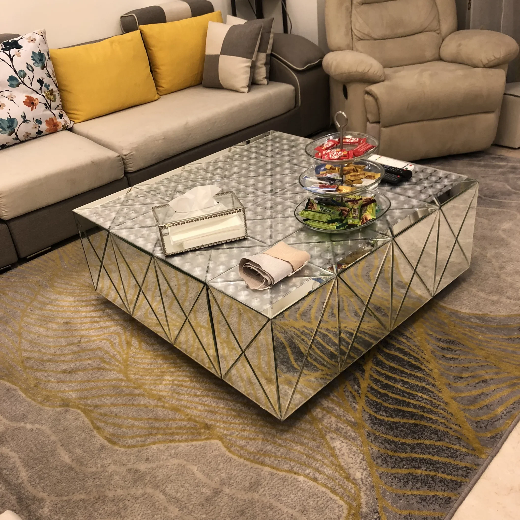 

Mirror coffee table, living room, TV cabinet, combination light luxury glass, square coffee table, Nordic small apartment sofa,
