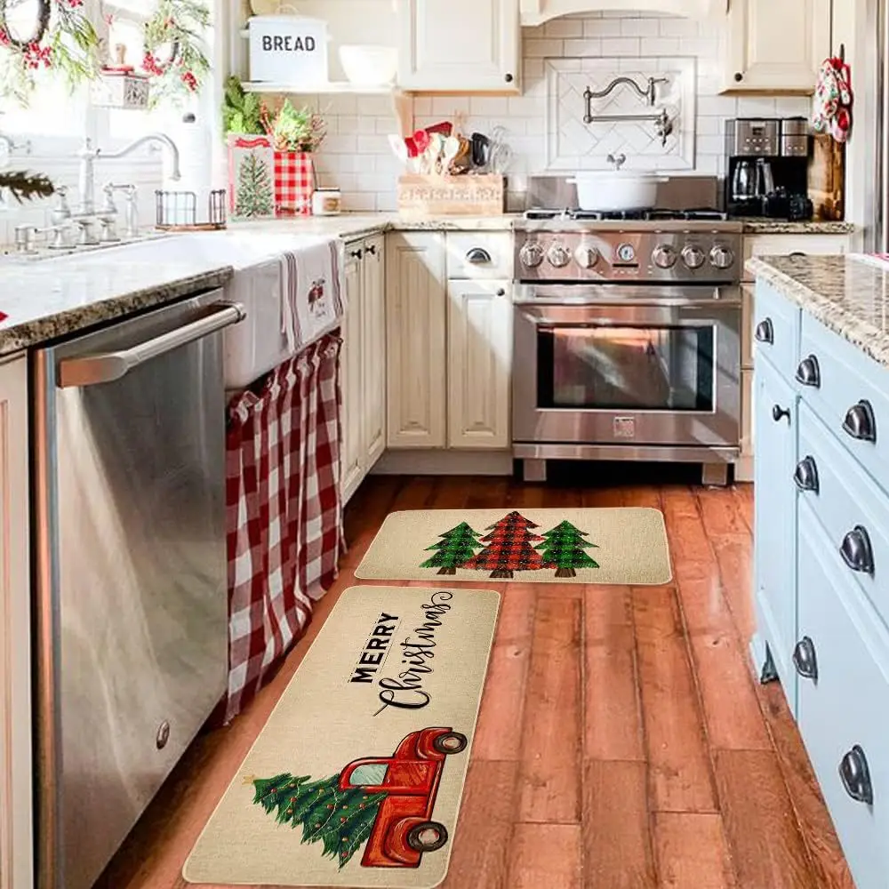 VIKAMA 2 قطعة مجموعة عيد الميلاد ممسحة مقاومة للبقع ودائم مدخل المدخل الحصير سجاد المطبخ ديكور المنزل