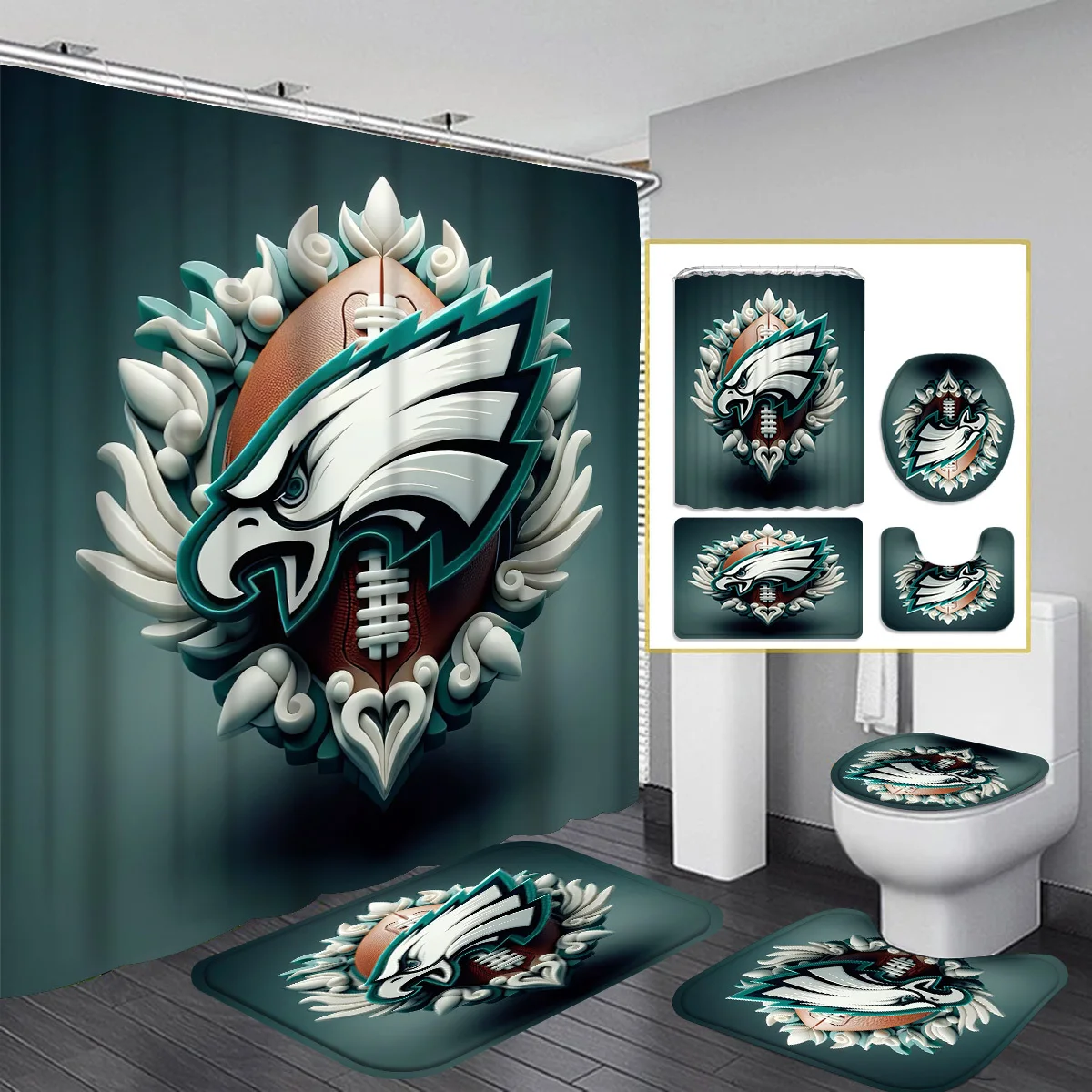 

Philadelphia Eagles Themed Bathroom Set - Waterproof Shower Curtain, Floor Mat, Toilet Lid Cover, and Contour Mats