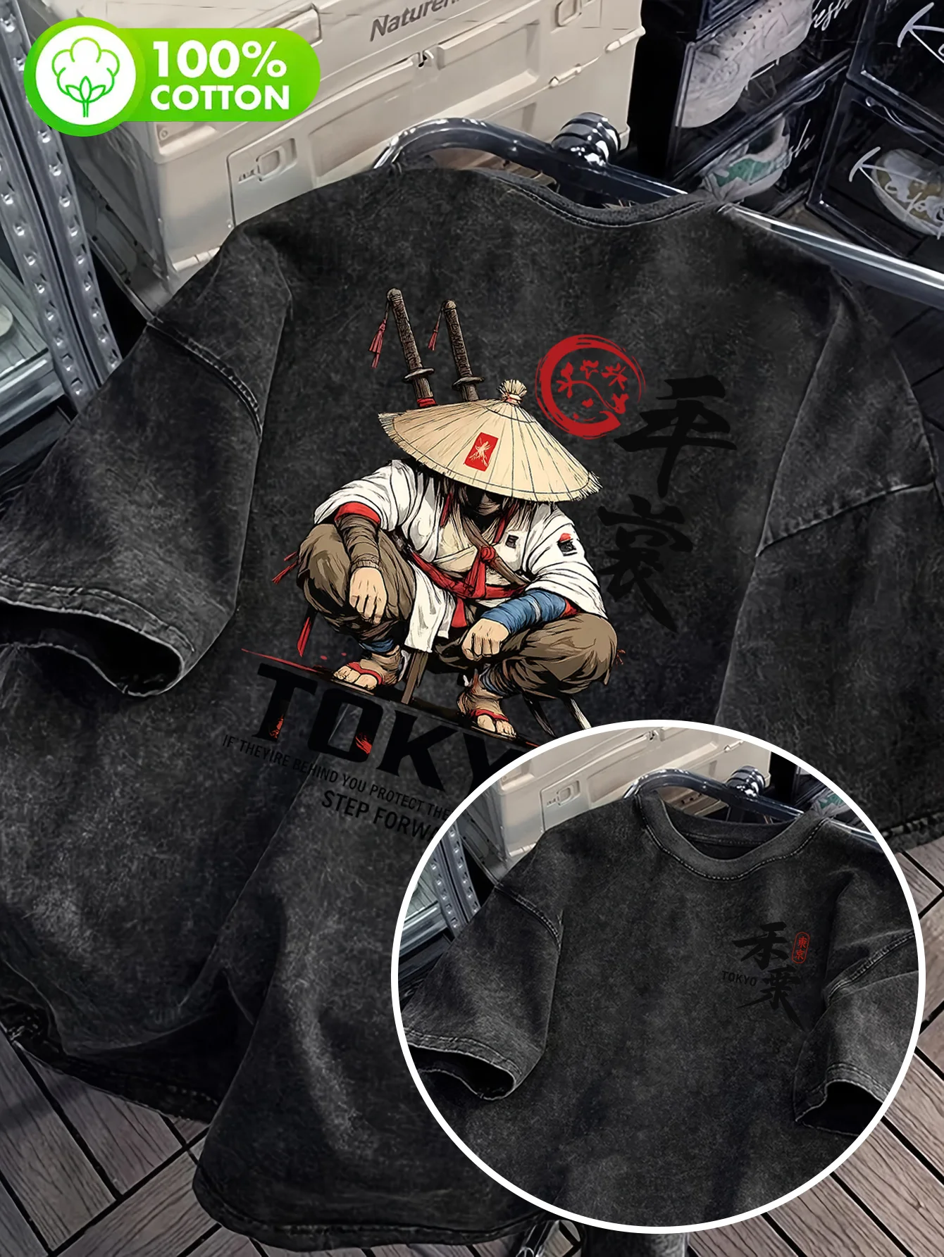 Men's Cotton T-shirt Japanese Dark Style Samurai Illustration Print Double Sided Loose Crew Neck Streetwear Short Sleeve S-3XL