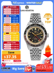 San martin novo vintage angustiado moldura de alumínio nh34 gmt automático mecânico retro relógio masculino safira à prova dwaterproof água 100m sn0116