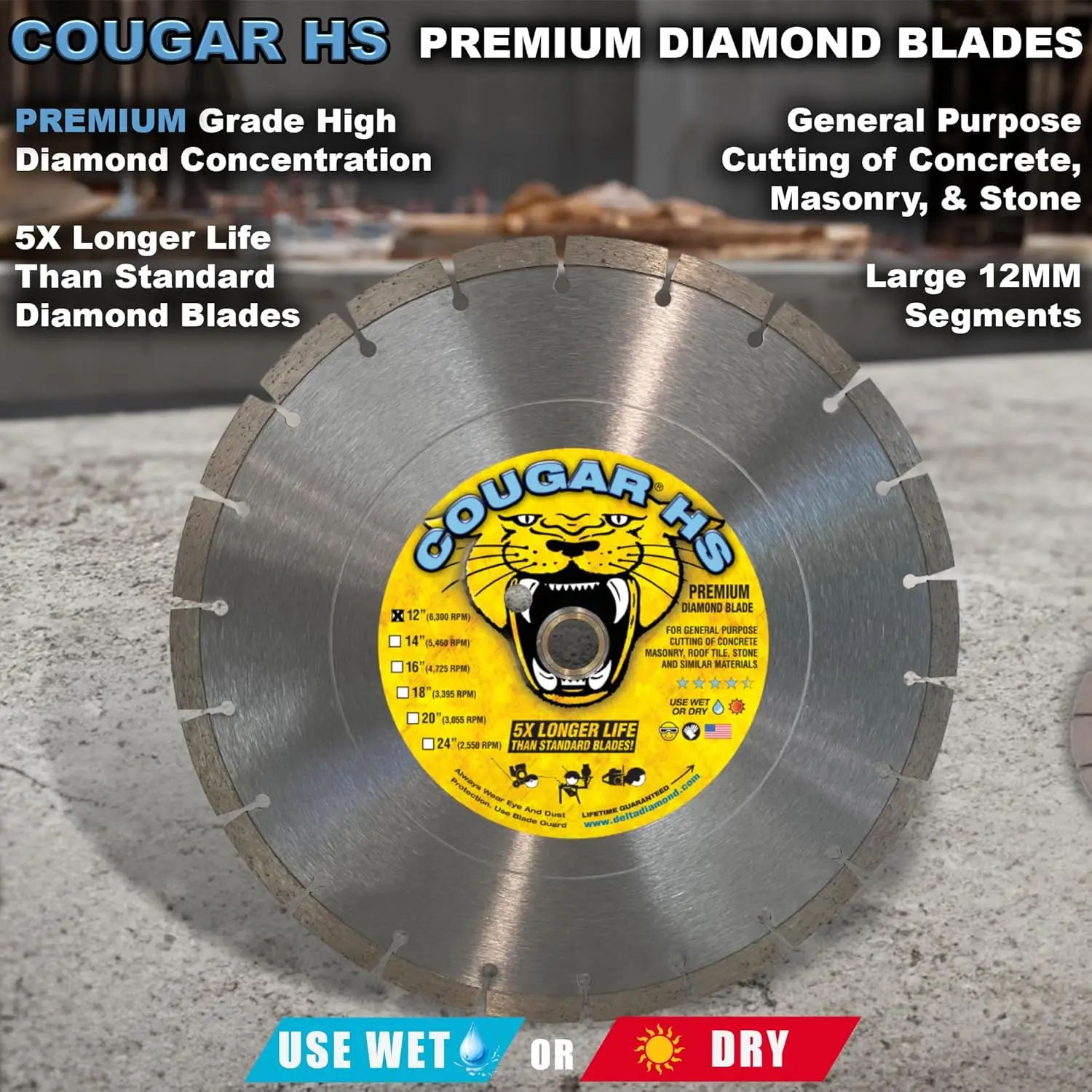 Diamond Cougar HS 12 Inch 3-Pack Segmented Diamond Saw Blade, Premium, General Purpose Cutting Concrete, Block, Paver, Bri