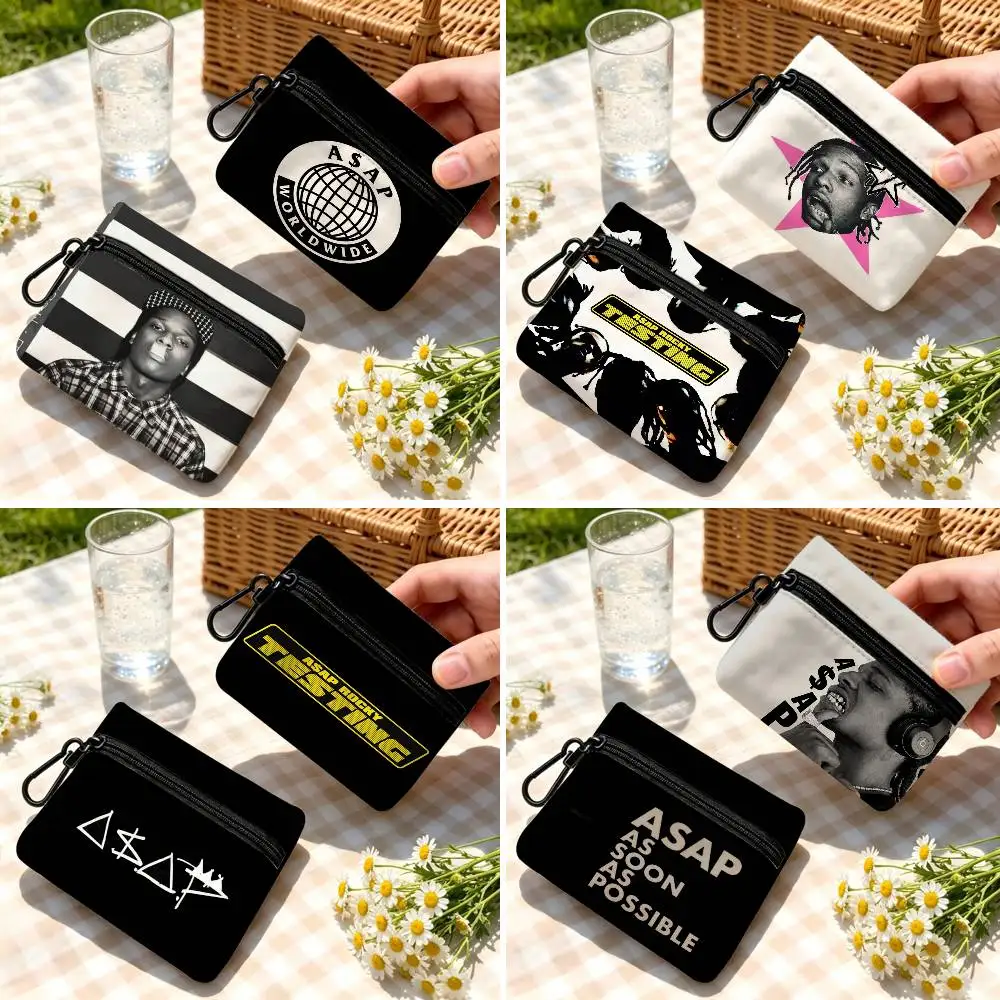 Rapper Portrait Asap-R-Rocky Portable Mini Oxford Cloth Coin Purse With Carabiner Hook Zipper Key Card Earphone Storage Wallet