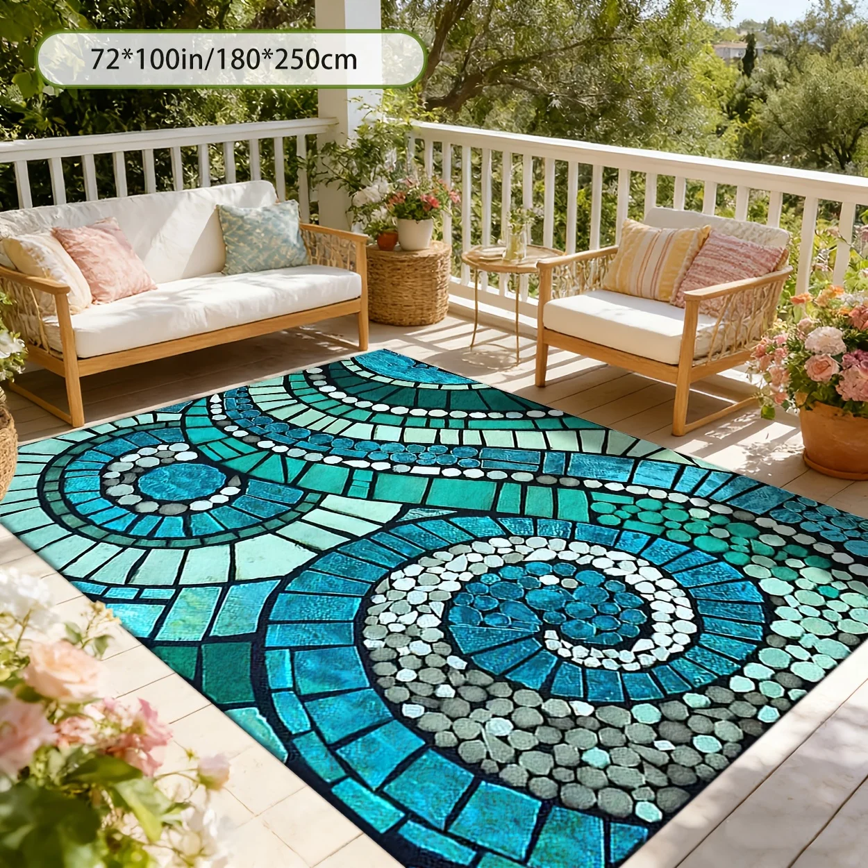 VIKAMA Blue And Green Spiral Living Room Carpet, Anti-Slip Outdoor Balcony Mat, Courtyard Bedroom Decorative Floor Mat Home
