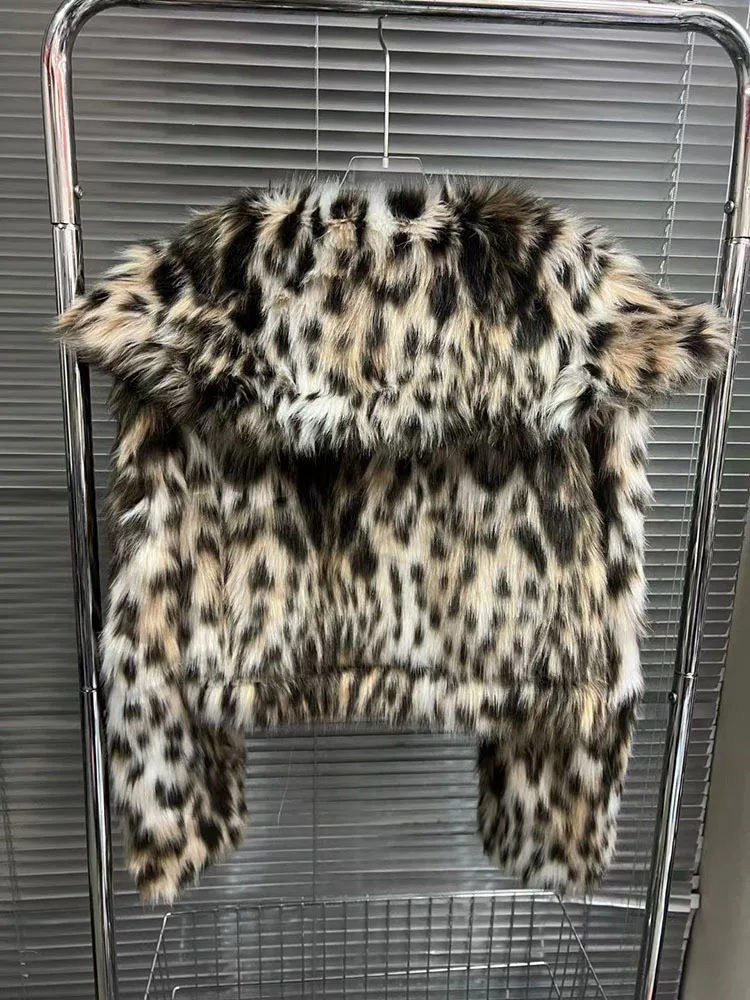 2024 Winter New Fashion Leopard Print Lapel Fur Coat For Women Loose Casual Lapel Long Sleeve Short Jacket Female