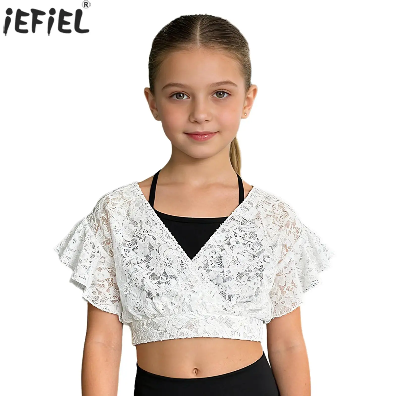 Kids Girls Ballet Dance Shrug Crop Tops Ruffled Sleeves V-Neck Top Cover Up for Modern Dancing Gymnastics Yoga Workout Practice
