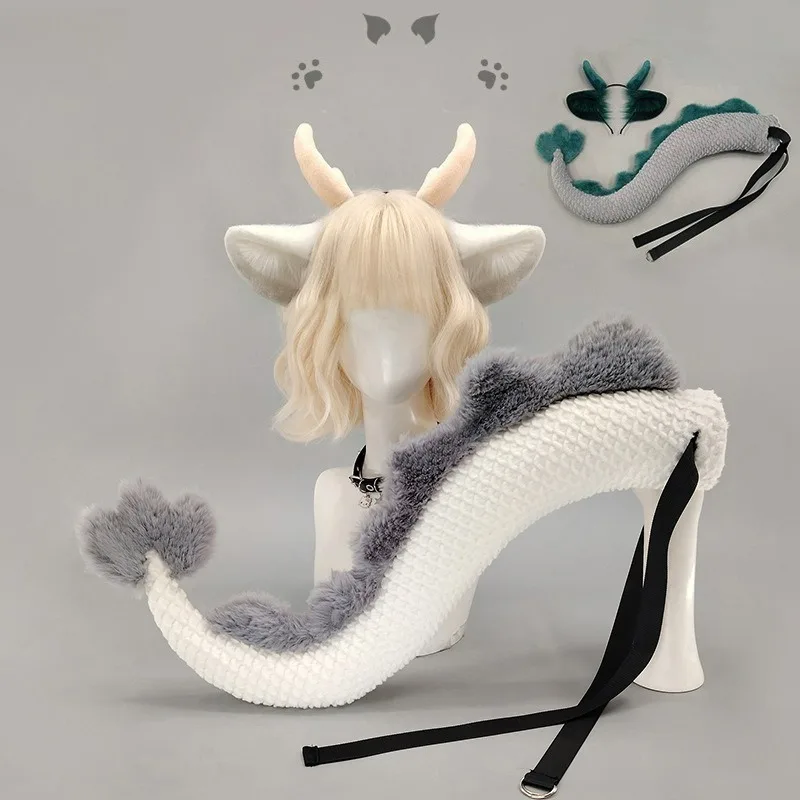 

Handwork Little Dragon Ears Tail Set Fursuit Cosplay Costume Furry Animal Tails Ear Headband Halloween Party Suit for Women Men