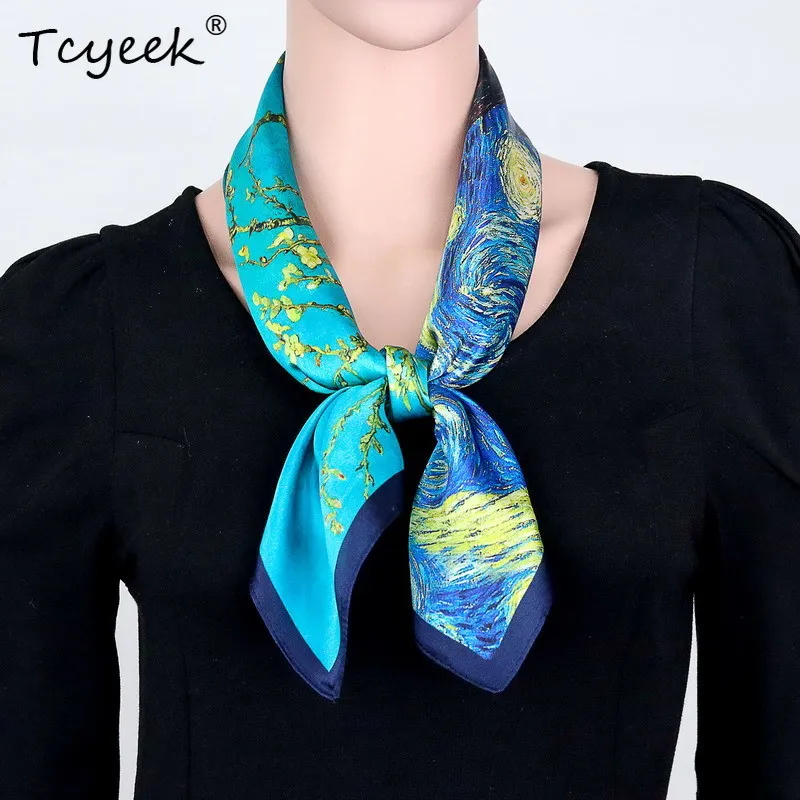 

Tcyeek, 100% Silk Elegant Scarves, 68cm Four Panel Oil Painting, Mom Gift Shawl Chic Scarf, 2024 Autumn Winter A48161QM