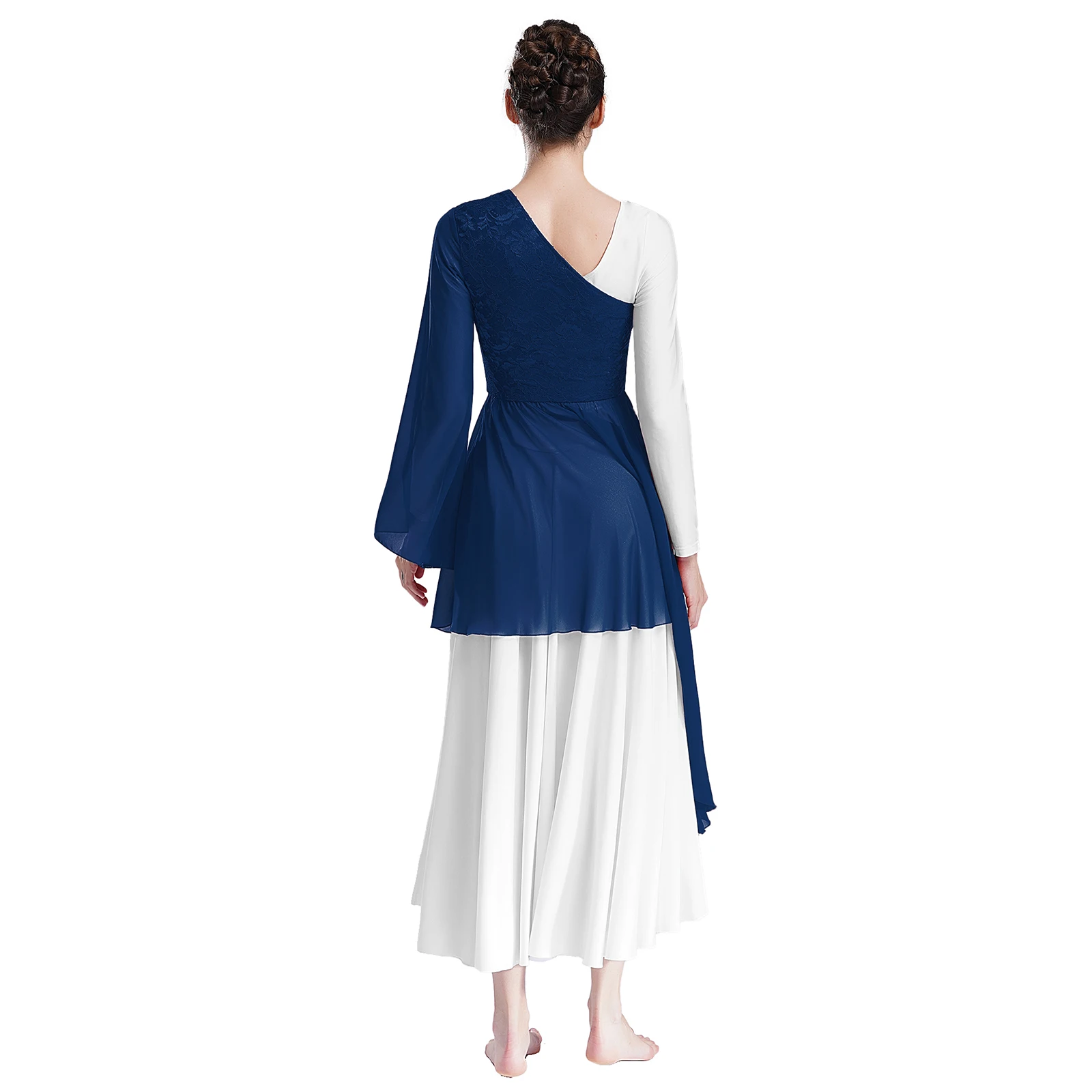 Womens Liturgical Praise Ballet Lyrical Dance Costume One Shoulder Asymmetrical Flared Sleeve Worship Dance Overlay Tunic Dress