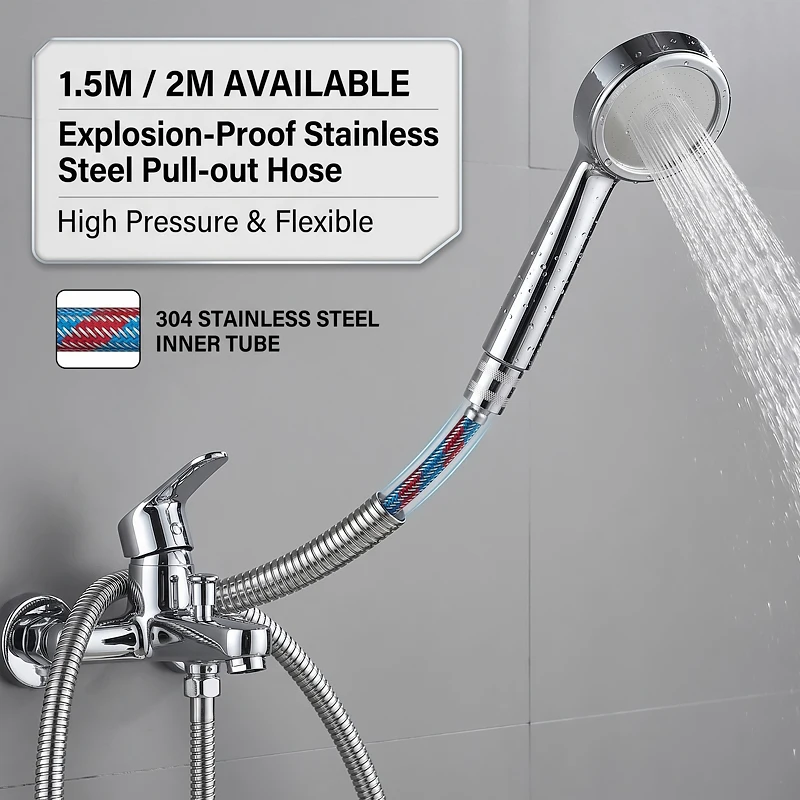 1.5M/2M Bathroom Handheld Shower Hose Stainless Steel Braided Construction High Pressure Resistant Explosion-Proof Flexible