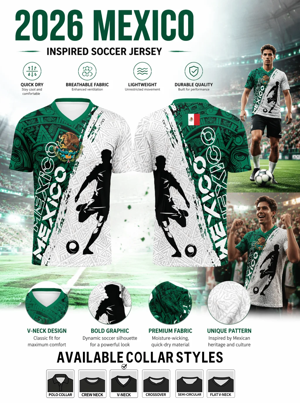 Cultural‑inspired Mexico national‑team jersey, sturdy textile, six different optional collar types