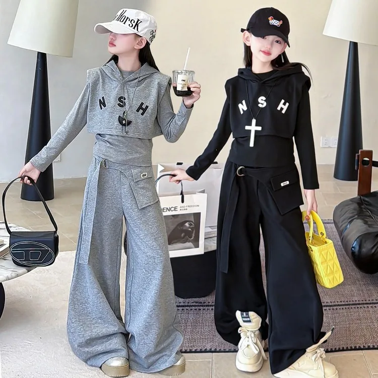 2026 Spring Autumn Girls 3pcs Outfit Trendy Streetwear Hoodie Letter Print Vest&Wide‑Leg Pants Sport Fashion Set for Teens Kids