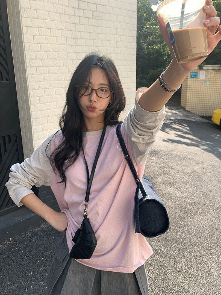 

Y2k Aesthetic Contrast Color Patchwork T-shirt Women Grunge Casual Embroidery Tops Harajuku Preppy Style Vintage Loose Tshirts