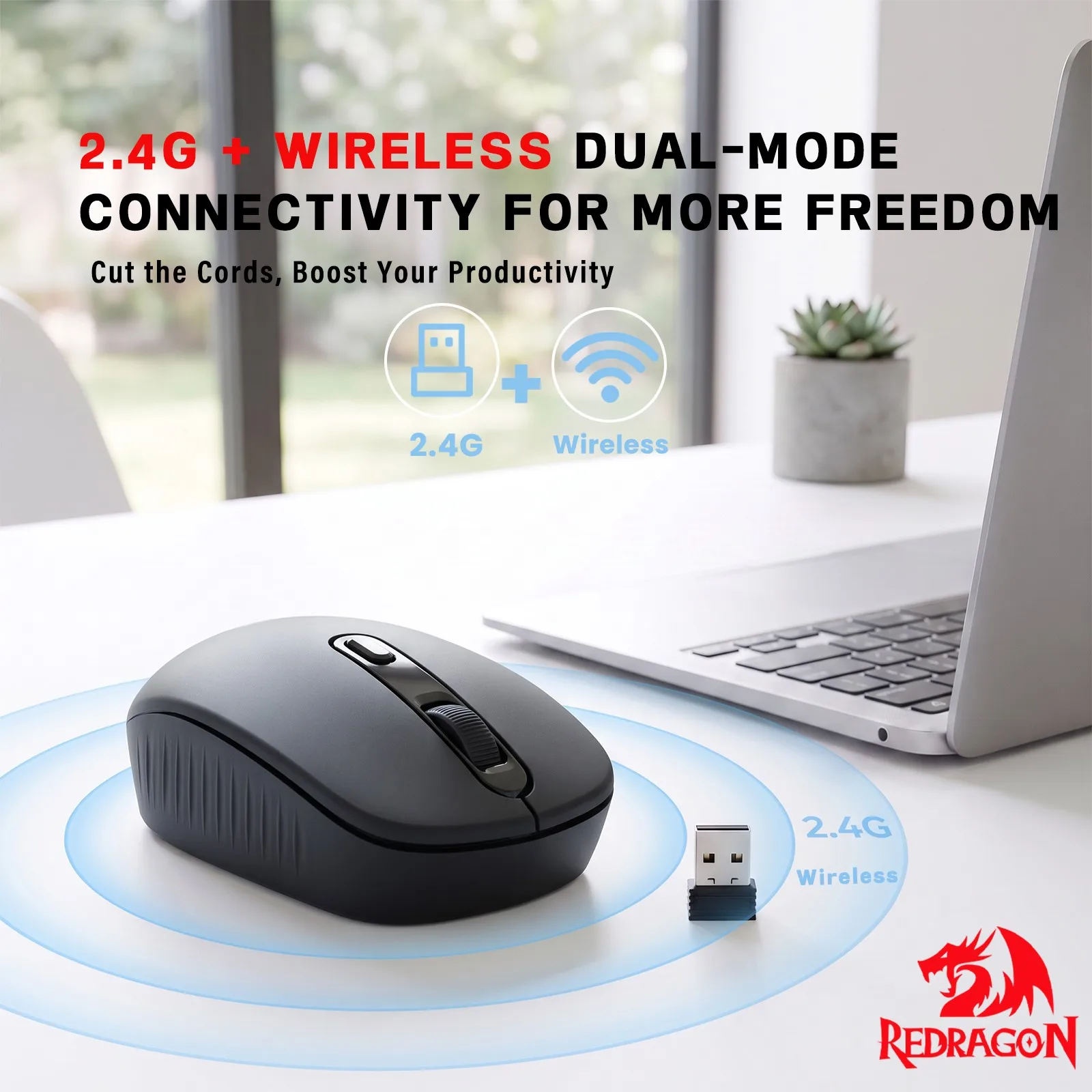Redragon Dual-Mode Wireless Mouse, 2.4G & BT, 4000 DPI Silent Click Ergonomic Portable Mice for Laptop PC