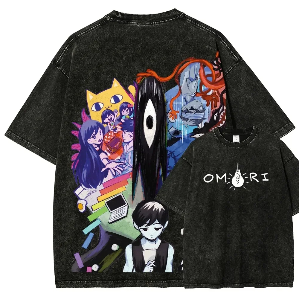 Classic Role Playing Games Omori Peripherals Print T-shirt New Harajuku Streetwear Oversized Men Women Vintage Washed Cotton Tee