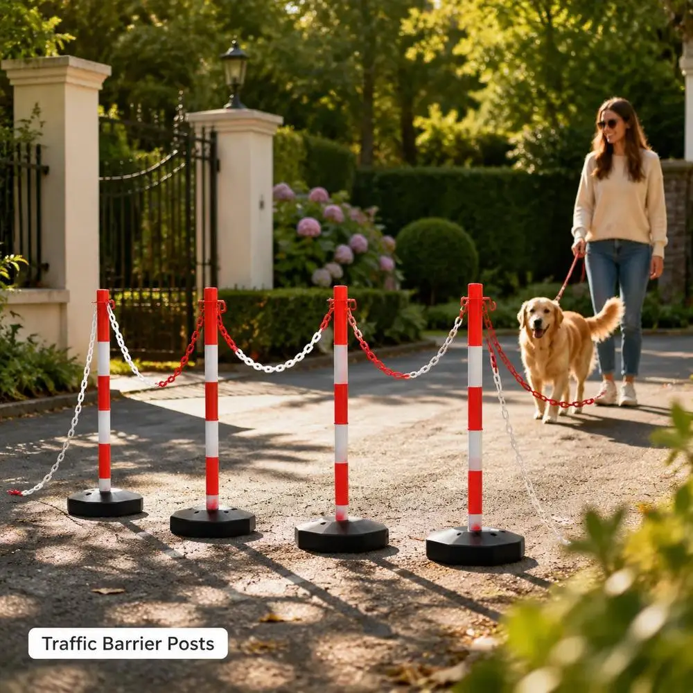Ensemble de poteaux à chaîne de 10 cm en plastique avec base remplissable d'eau ou de sable, design classique en forme de S pour la délimitation des zones, parkings, entrepôts, espaces publics, voies privées, facile à assembler