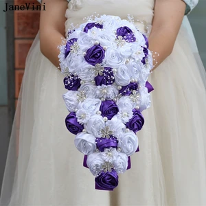 Новые элегантные фиолетовые белые букеты «Водопад» jaevini, свадебные букеты с жемчугом, атласные свадебные цветы, Каскадный букет, аксессуары для невесты