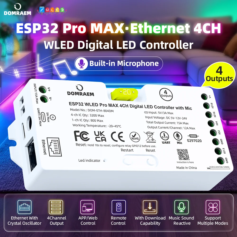 DOMRAEM Pro MAX ESP32 WLED Controller 4 Outputs Ethernet PDM Mic Energy Saving Relay 20A Pluggable Fuse for WS281X SK6812 RGBIC