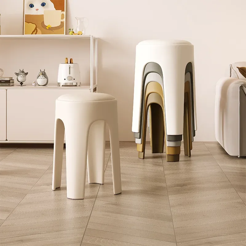 Stackable Plastic Stool Cream Round High End Luxury Household Living Room Dining Table Chair Strong Durable Spare Seat