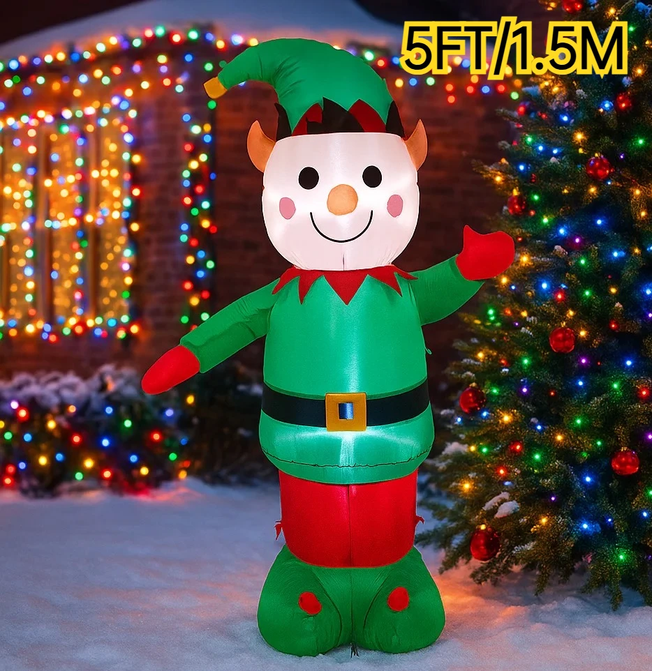 1.5メートル/5フィート クリスマスデコレーション インフレータブルおもちゃ エルフ型 膨らませる 屋外 家庭用 庭用 LEDライト付き クリスマスアニメーションパーティーおもちゃ