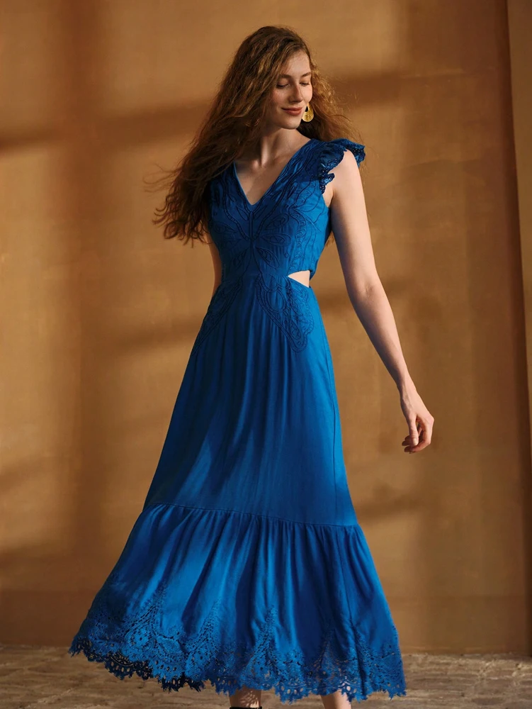 Custom-made Luxury Indigo Blue Lace Tie-Back Ruffled Backless Lace-Up Chiffon Maxi Dress Elegant and Sophisticated