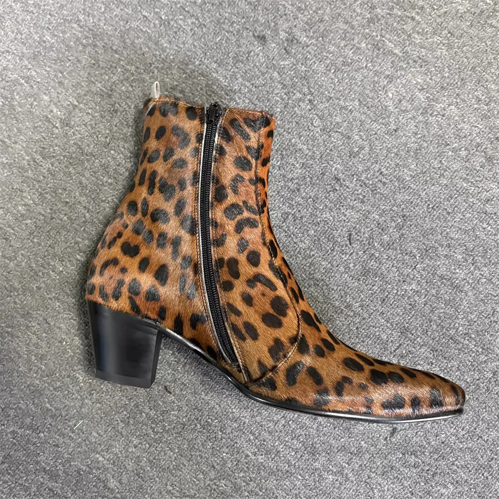 2026 New Leopard Print Chelsea Boots Men Pointed Toe Genuine Leathe 6cm Chunky Heel Side Zipper British Style Trendy Short Boot