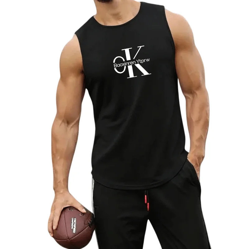 EU Size Men's Sleeveless Tank Top Minimal OK Monogram Letter Print Curved Hem Casual Sports Fitness Vest