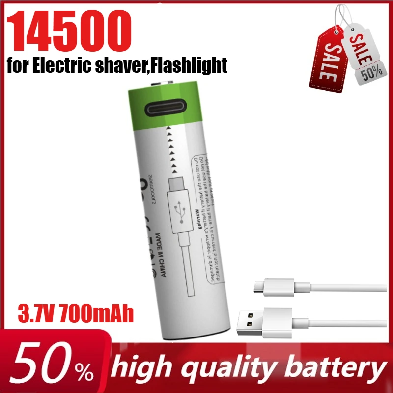 

3.7V 700mAh 14500 Lithium Rechargeable Battery AA for Electric Shaver,Flashlight,Power Tools + Type-C Charging Cable