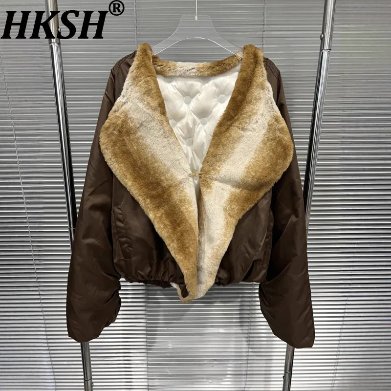 

HKSH 2025 Autumn Winter New Women's Cotton-padded Coat Faux Fur Collar Patchwork Contrast Color Fashion Chic Warm Jacket HK15478