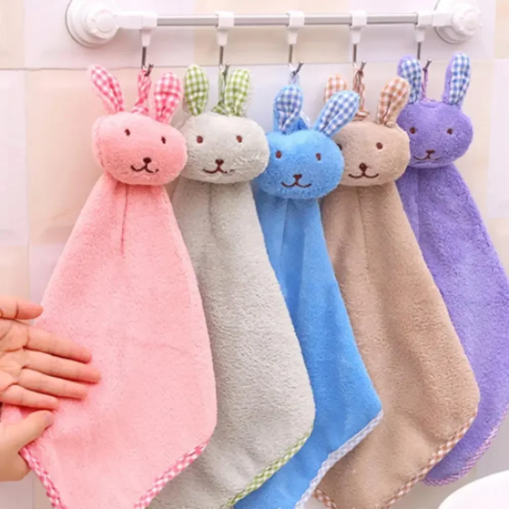 Soft Coral Fleece Plush Bath Towel Cute Rabbit Nursery Baby Hand Towel Cartoon Children Wipe Hanging Bathing Towel