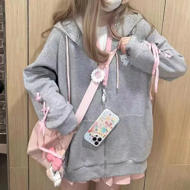 Kawaii Grey Plush Ear Hoodie Tops Women 2024 Autumn Embroidered Sweatshirts Y2k E-Girl Mid-length Zipper Sweatshirt Coats