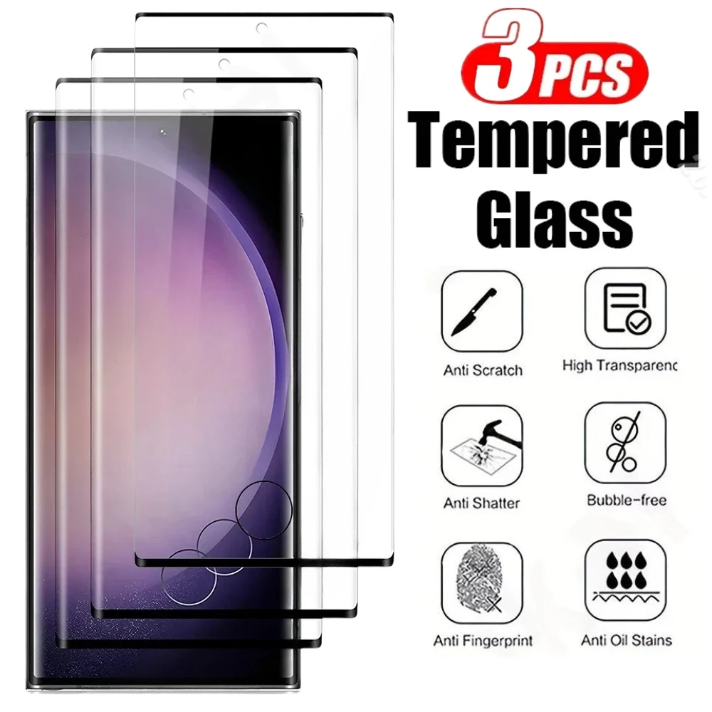

3Pcs Curved Tempered Glass For Samsung Galaxy S24 S23 S22 S25 Ultra S24 FE Full Cover Screen Protector For Samsung Note 20 10 9